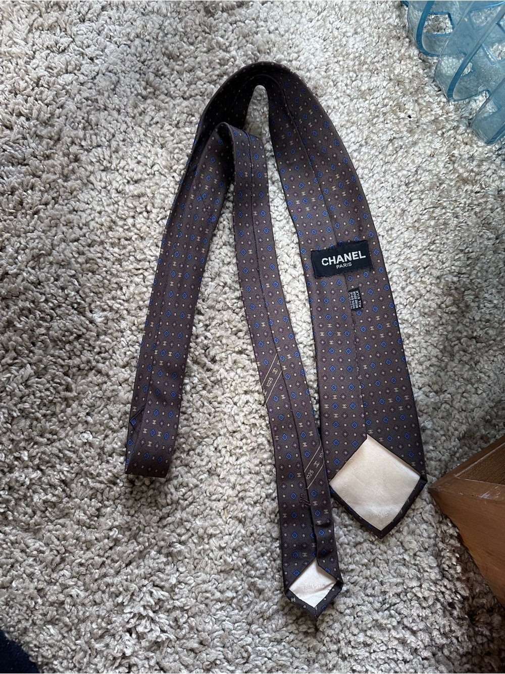 CHANEL Brown Silk Tie with Blue Dot Motif - Picture 3 of 3